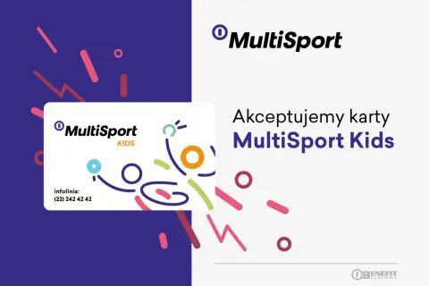 Karta MultiSport Kids na tle kolorowych kształtów i logo.