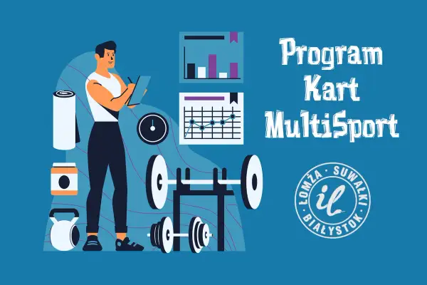 Ilustracja pokazuje, jak założyć kartę Multisport. Mężczyzna z notatnikiem, sprzęt do ćwiczeń i wykresy.
