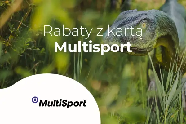 Model dinozaura w trawie z napisem "Rabaty z kartą Multisport".