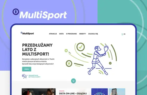 Grafika przedstawia stronę internetową MultiSport z hasłem "Przedłużamy lato z MultiSport!" i ilustracją kobiety grającej w tenisa.